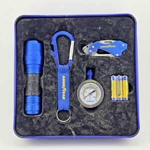 Goodyear Road Ready Kit Storage Tin Tire Gauge Flash Light Keychain Multi-Tool